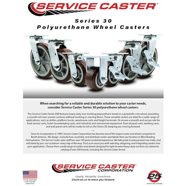 8 Inch Polyurethane Swivel Caster Set with Roller Bearings 2 Brakes SCC